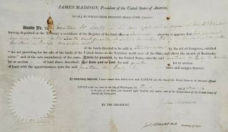 1812 James Madison & Monroe Signature Us President Land Grant Autograph