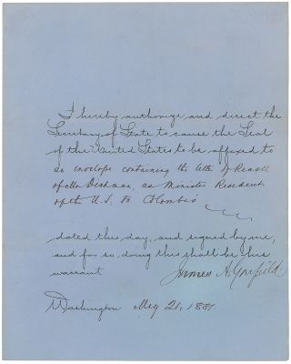 James A.  Garfield Signed Document: Rare Foreign Affairs Document As President