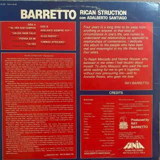 Ray Barretto Rican/Struction con Alberto Santiago Fania Latin LP JM 552 Sterling 3