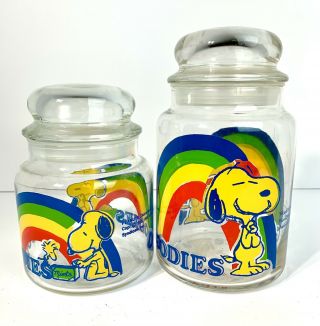 Set Of 2 Vintage 1965 Peanuts Snoopy Woodstock Glass Goodies Canister Jar -