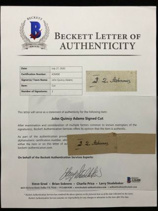 President John Quincy Adams Signed Autograph Cut Bas Beckett Loa