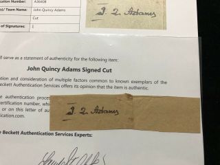 President John Quincy Adams Signed Autograph Cut BAS BECKETT LOA 2