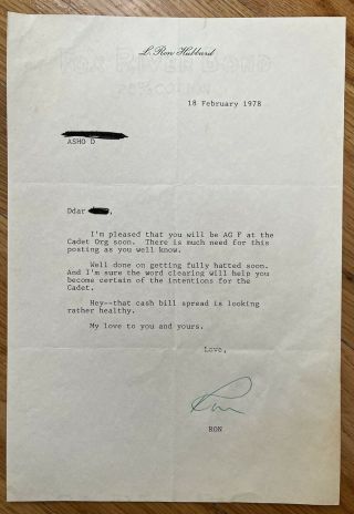 L.  Ron Hubbard Typed & Signed Letter 18 Feb 1978 Founder Scientology & Dianetics