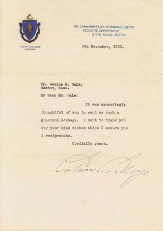 Calvin Coolidge - Typed Letter Signed 11/04/1920