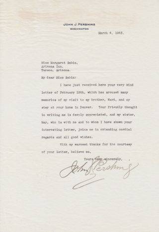 John J.  Pershing,  American General Of The Armies,  Signed Letter Dated 1943
