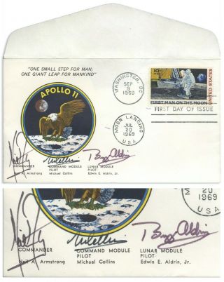 Apollo 11 Crew Signed " First Man On The Moon " Cover With Zarelli