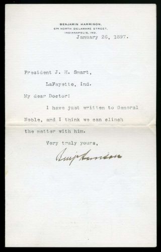 Benjamin Harrison Jsa Hand Signed 1897 Letter Autograph