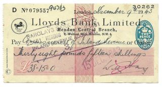 1943 Will Hay Signed Cheque Inland Revenue £38/15/ - Music Hall Variety Tax Bill?