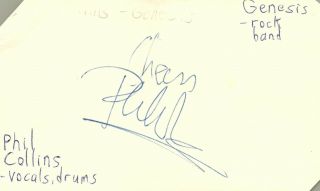 Phil Collins Vocals Drums Genesis Rock Band Music Signed Index Card Jsa