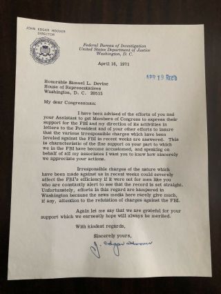 J.  Edgar Hoover To Congress Support Of Fbi Signed Letter 1971 Break In Fake News