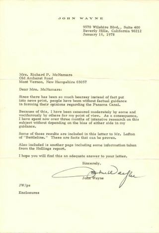 John " Duke " Wayne - Typed Letter Signed 01/16/1978
