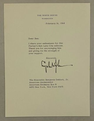 President Lyndon B.  Johnson Lbj Signed 1968 White House Typed Letter Psa/dna Loa