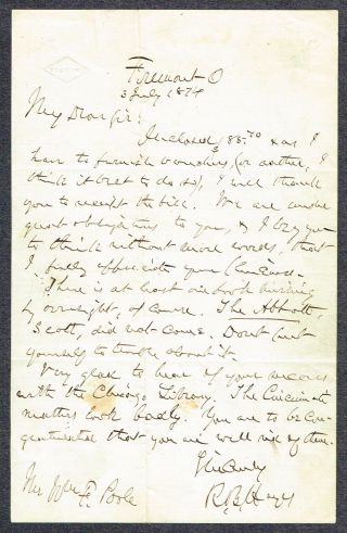 Rutherford B Hayes/president/ohio Governor/civil War Officer/1874 Letter