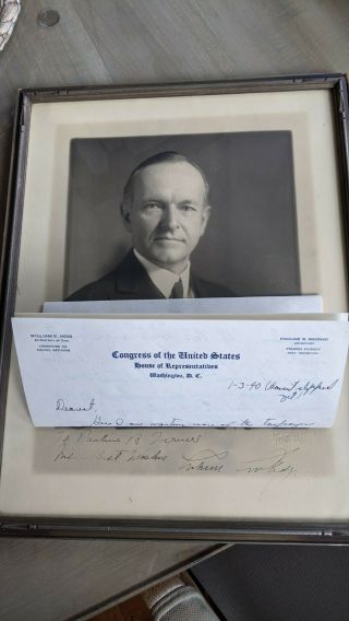 Calvin Coolidge Inscribed Photograph,  Signed - Framed & Coin American History