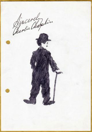 Actor Charlie Chaplin Autograph Signature On A Little Tramp Sketch