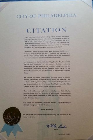 Maya Angelou Citation City Of Philadelphia 1991 Signed By Mayor Wilson Goode
