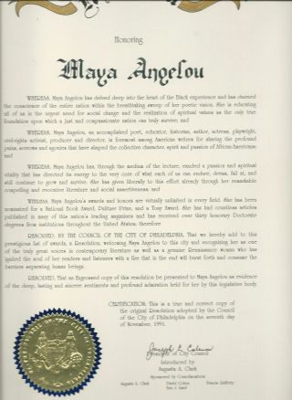 Maya Angelou Council Of The City Of Philadelphia Resolution 1991 Sig Joe Coleman