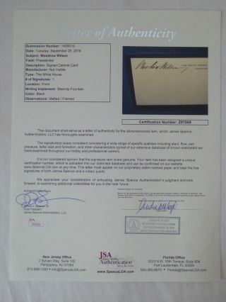 President Woodrow Wilson Signed Autographed White House Card Framed JSA LOA 2