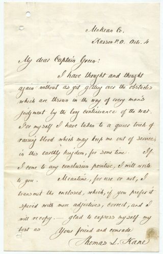 C.  1863 Civil War General Thomas Kane Autograph Letter Signed