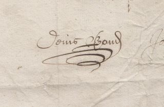 REGICIDE.  Denis Bond,  signature on partial Treasury document 2