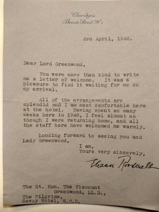 Eleanor Roosevelt Signed Letter 1948