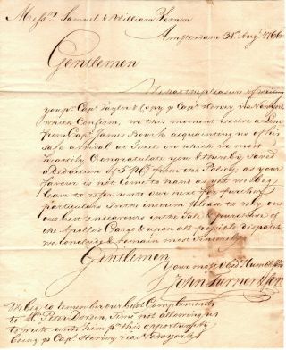1766,  Letter To William Vernon,  Newport,  R.  Island Triangle Trade,  Turner And Son