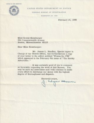 J.  Edgar Hoover - Typed Letter Signed 1966