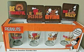 Snoopy Peanuts Thanksgiving Halloween Drinking Glass Set 4 Pint 16oz Coasters