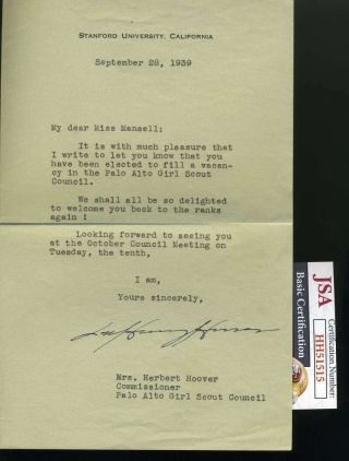 Mrs Herbert Lou Henry Hoover Jsa Hand Signed 1939 Letter Autograph