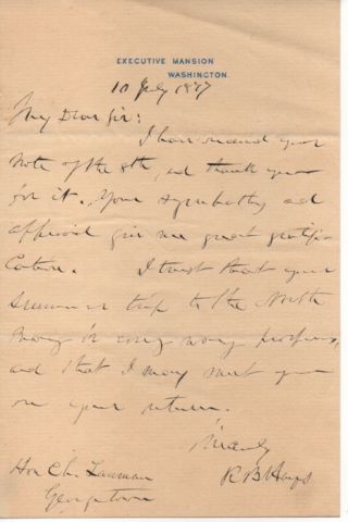 Rutherford B.  Hayes Handwritten Signed Letter A Few Months Into His Presidency
