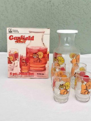 Vintage 1987 Garfield 5 Pc Juice Set Anchor Hocking Carafe & 4 Glasses - P79