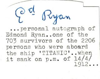 Edward Ryan – Titanic Survivor – Authentic Signature