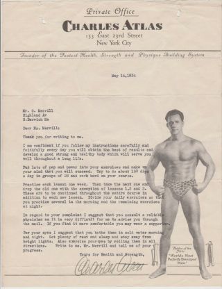 Charles Atlas - Bodybuilder Physical Culture Icon - 1934 Signed Letter
