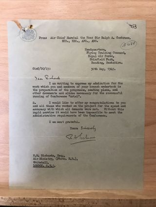 Rare Hand Signed Letter From Air Chief Marshal Ralph A Cochrane - Dambusters