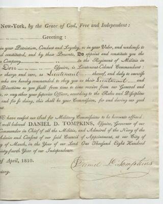 1810 York Signed Militia Appointment Daniel D Tompkins 6th Vice President 3
