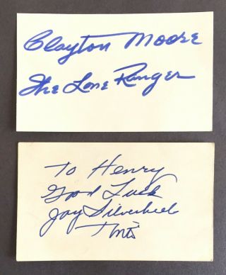 Clayton Moore & Jay Silverheels Signed Index Cards Lone Ranger & Tonto 1950s Tv