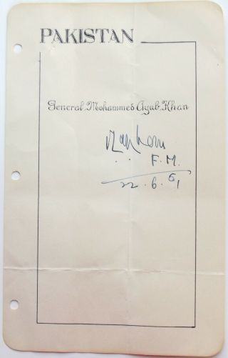 2nd President Pakistan Ayub Khan Served 1958 - 1969 Autograph Signed Album Page
