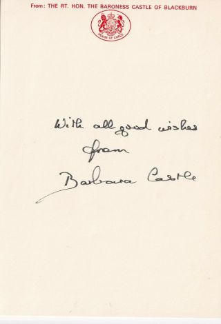 Barbara Castle Autograph Hand Signed Letter Head House Of Lords
