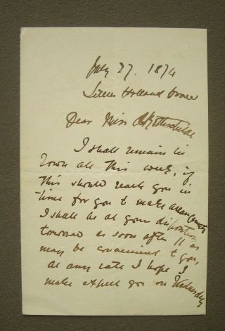 Autograph Letter Signed By The Painter And Sculptor,  George Frederic Watts,  1874