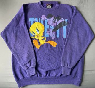 Vintage Vtg Purple Looney Tunes Spell Out Tweety Bird Pullover Sweater.  Size 2xl