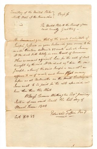 Edward Tiffin 1st Ohio Governor 1803 - 07 1800 Northwest Territory Signed Document