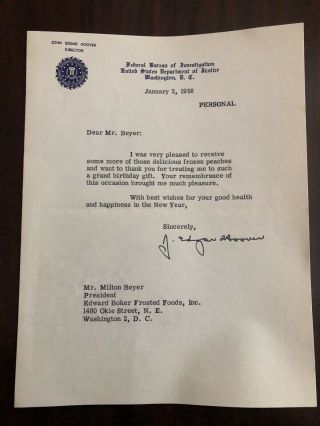 J.  Edgar Hoover Signed Letter On Fbi Letterhead 1/3/58 Boker Foods President