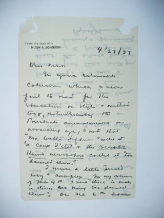 1937 Hugh S.  Johnson Signed Autographed Letter Political Content