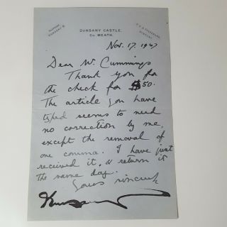 Lord Dunsany Edward Plunkett Article Review Signed Letter 1947 Dunsany Castle