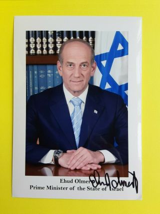 Ehud Olmert Former Israel Prime Minister Signed Autographed 5x7 Photo With Flag