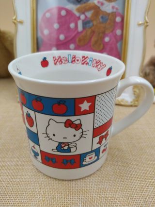 Sanrio Hello Kitty Cup Mug Ceramic Hello Kitty Blue Red Apple Pattern Japan 2002