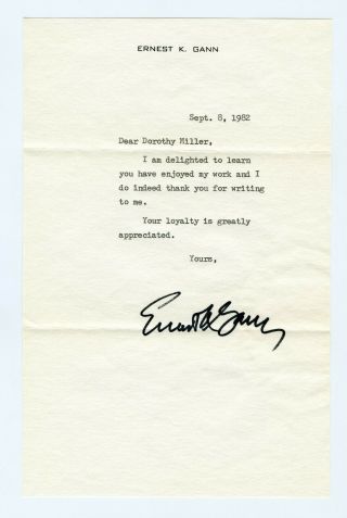 Signed Letter By Ernest K.  Gann On Letterhead Dated September 8,  1982