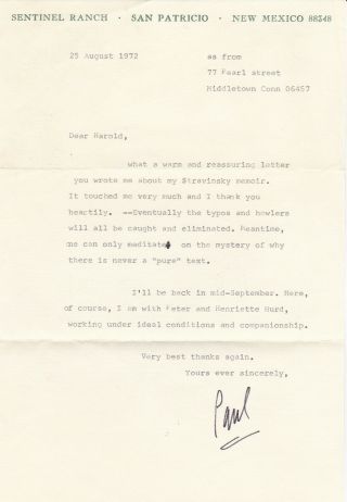 Typed Letter Signed By Paul Horgan - American Pulitzer Prize - Winning Author