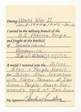 Charles W.  Lindberg - Wwii,  Battle Of Iwo Jima - Signed Bio Questionnaire Card