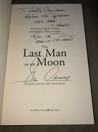 Gene Cernan Hand Signed Last Man On The Moon Book Apollo 17 W/ Warm Dedication